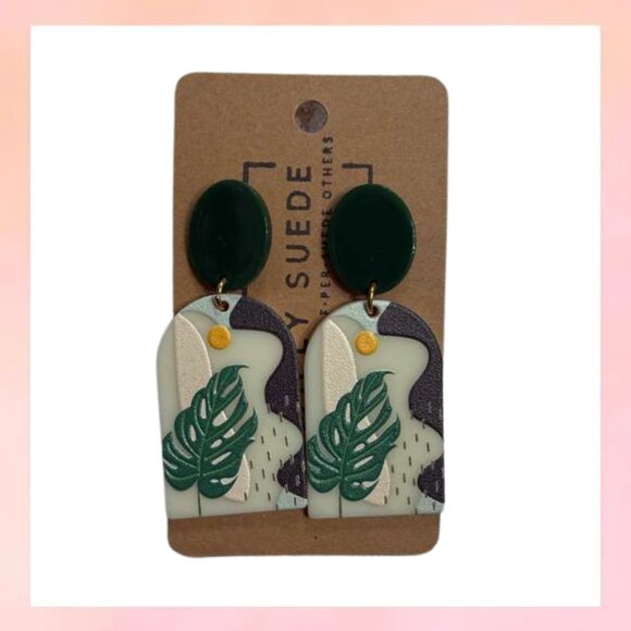 Jewelry - Monstera Leaf Polymer Clay Dangle Earrings Green Tropical Boho